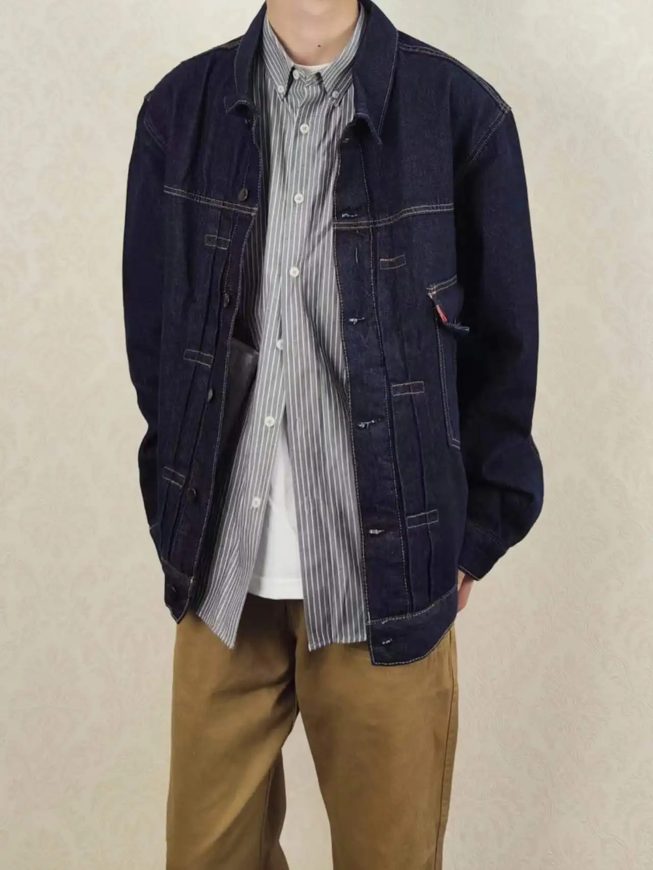 HMN Studio Frühling Herbst 2024, Herren-Arbeitskleidung, Denim, Jaet-Kragen, Irt-Baumwoll-Polyester-Mischung, verschleißfest, lang, Sve