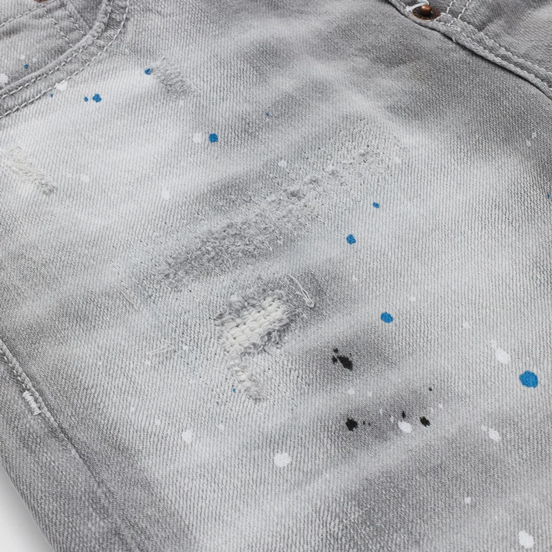 

Y2K Fashion New Men's Jeans Washed Nostalgic Perforated Light Grey Jeans High Street Designer Hip Hop Brand Brand Pants Y2K