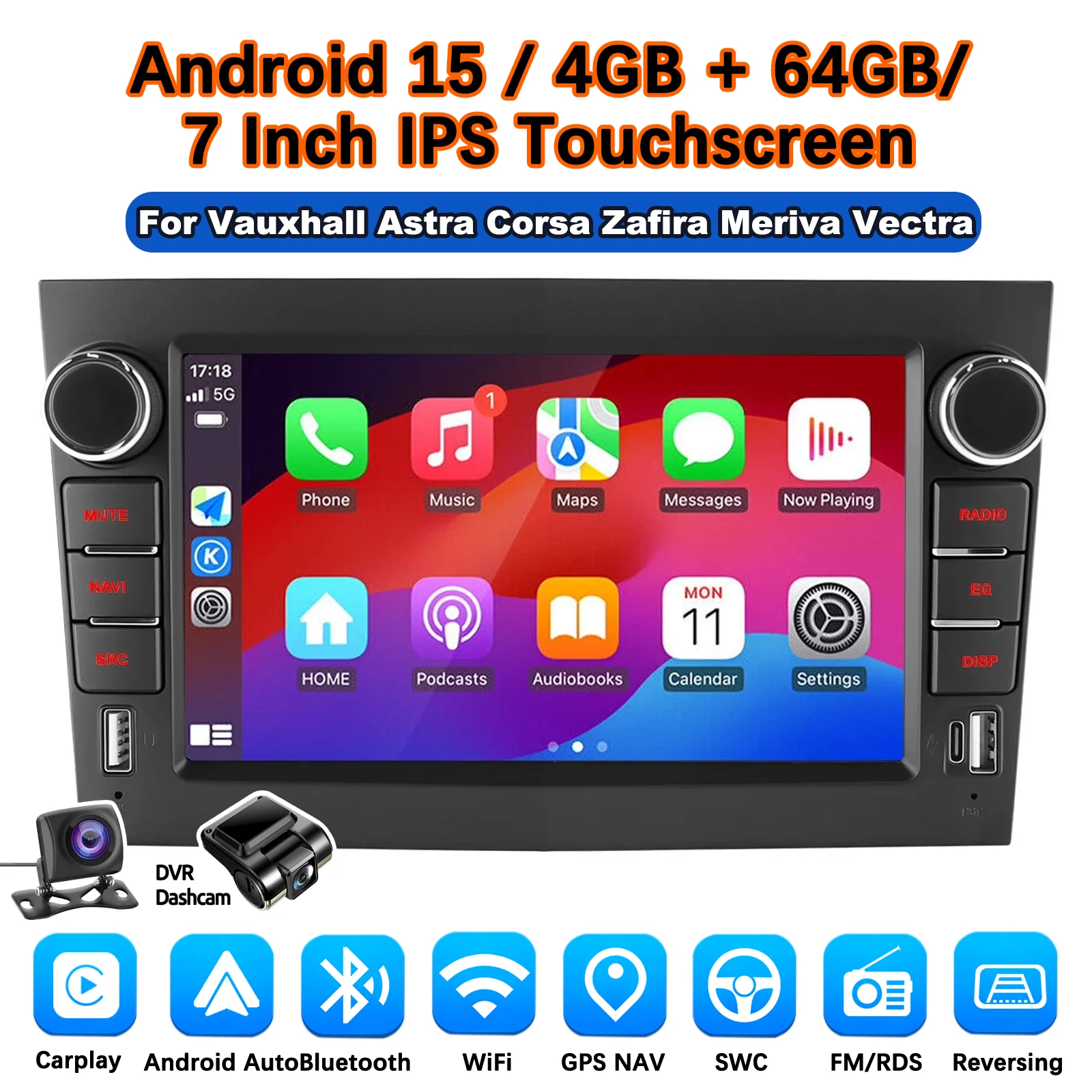 MOPECT Draadloze CarPlay Android Auto Autoradio voor Opel Astra Vectra Vauxhall Antara Zafira Corsa Vivaro Meriva BT RDS DAB+ DVR