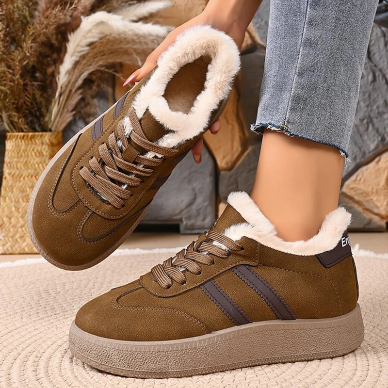 Winter Warm Fleece Lined Sneakers Women All Match Mix Color Striped Vulcanize Shoes Woman Lace Up Thick Sole Cotton Padded Shoes