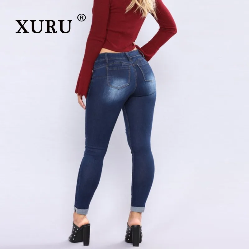 XURU - New Women's Perforated Elastic Slim Fit Jeans, Y2k Clothes Dark Blue Long Jeans, Men's Pants