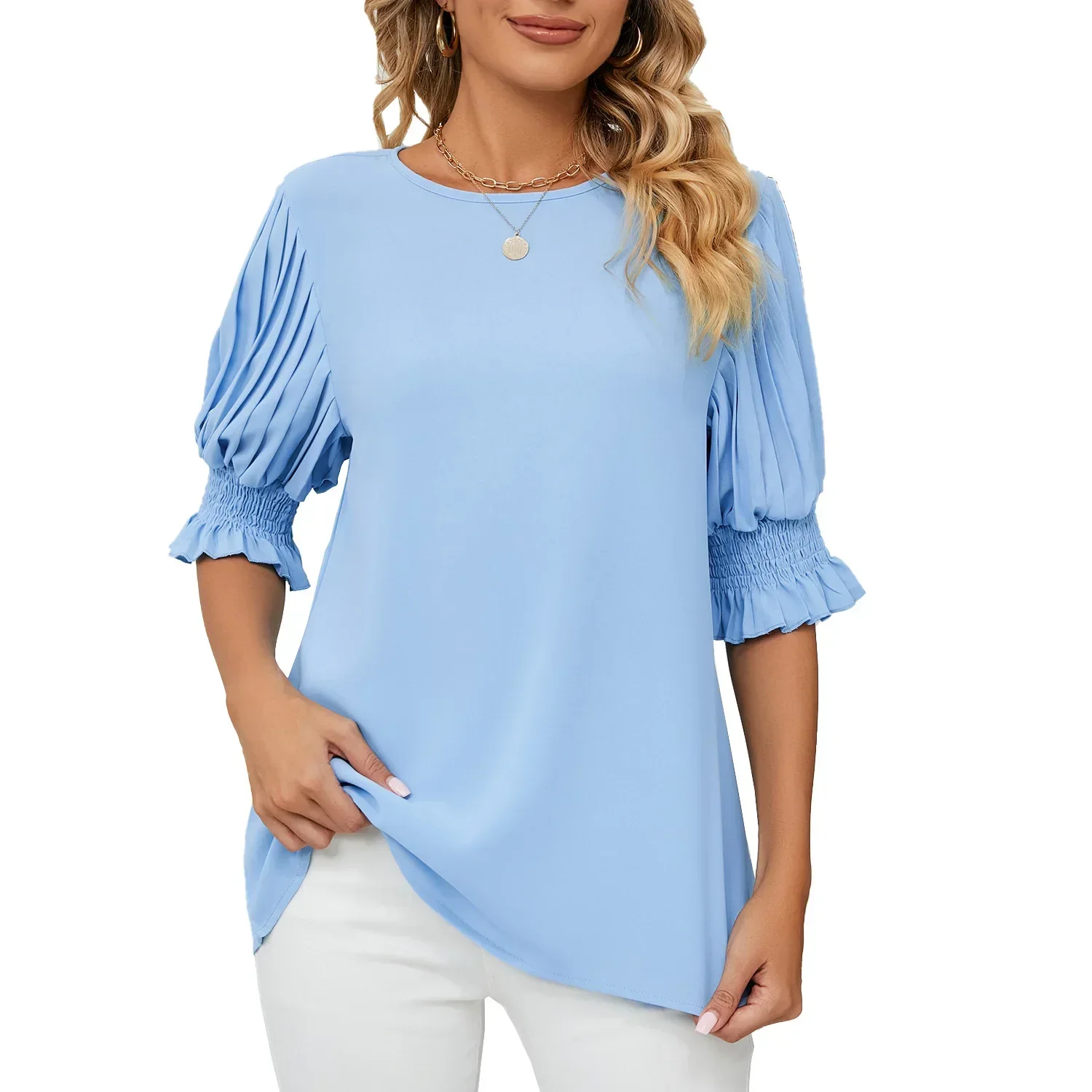 2023 New Women Blouses and Tops Fashion O Neck Half Sleeve Loose Elegant Office Work Lady Shirts Blouses  Womens Tops
