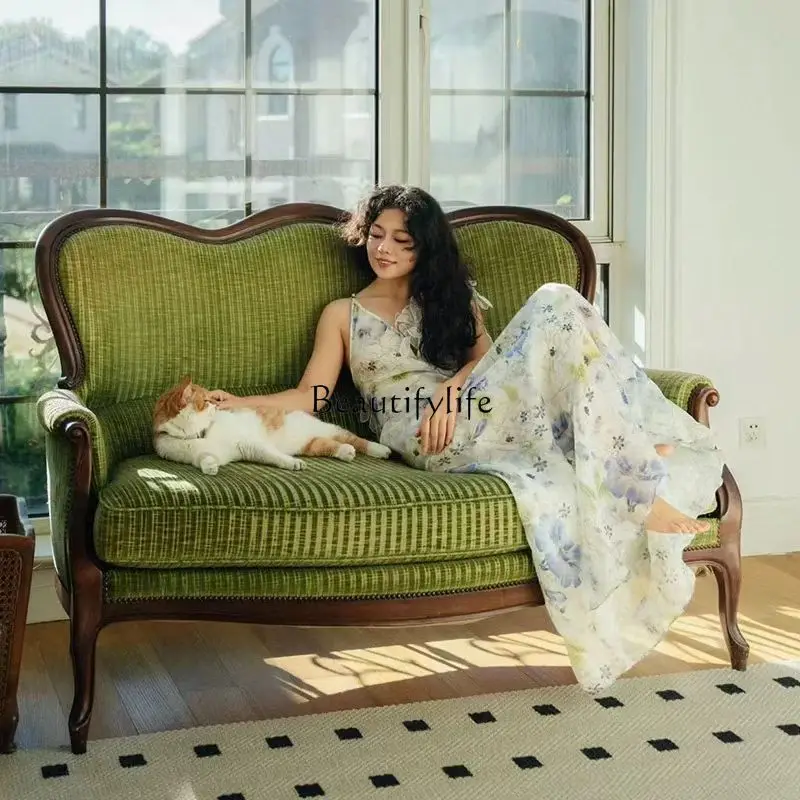 

American rural solid wood fabric sofa photography studio photo three-person leisure sofa