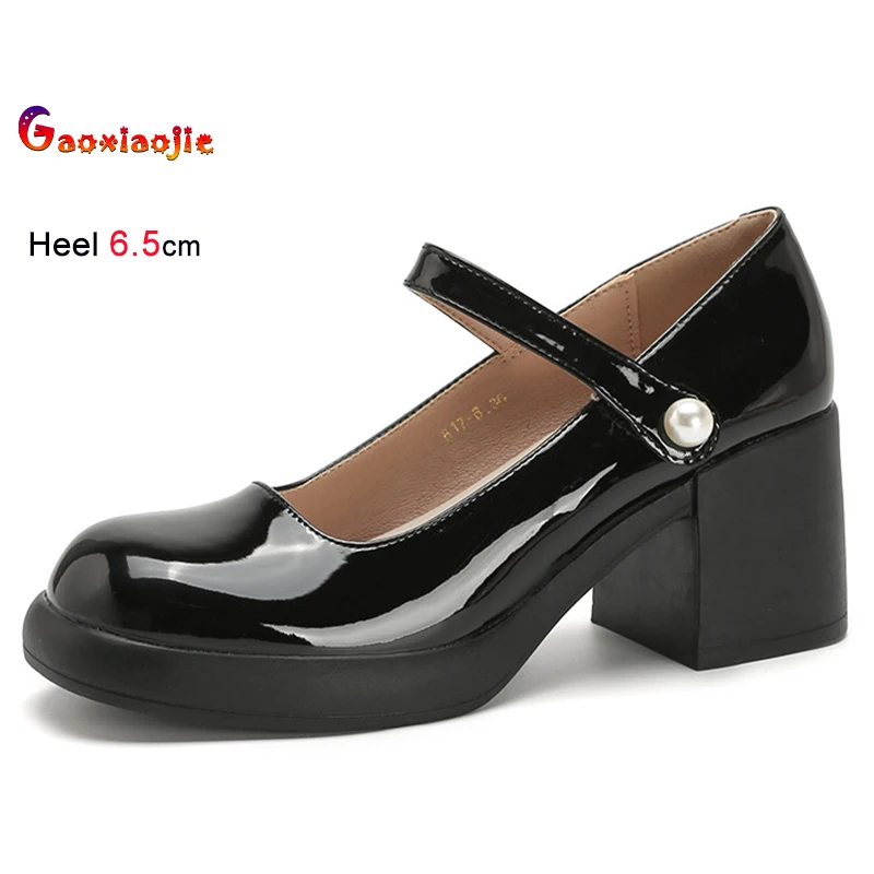 

Spring Autumn Black Women's Shoes Patent Leather Round Toe Ladies Pumps Thick Heels 6.5cm Shallow Mouth Ankle Strip Buckle Shoes