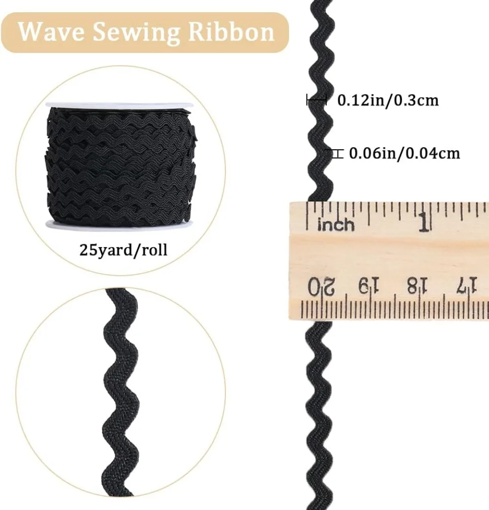 1 Roll 25Yards RIC Rac Trim Ribbon Black Rick Rack 0.12 inch/3mm Wave Sewing Bending Fringe Trim Braided Woven Fabric making kit