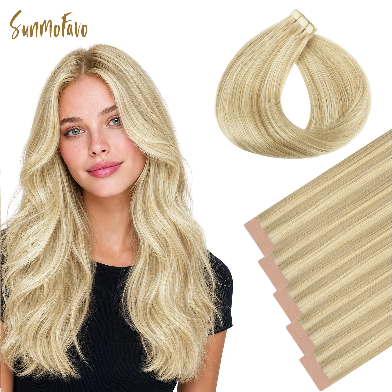 Sunmofavo Tape In Hair Extensions 100% Remy Brazilian Hair, Silky Golden Blonde Natural Ombre, Heat Secure Firm No Shedding