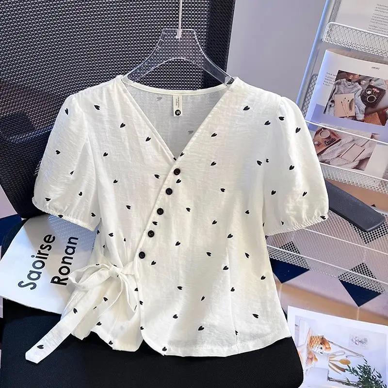 Women Clothing Korean Lacing Print Youth Blouse Short Sleeve V Neck Irregular Polka Dot Fashion Shirt Tops Casual Sweet Summer