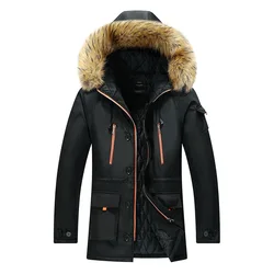 Large Winter Plus Mid Length Casual Men's Thickened Cotton Coat With Fur Hat