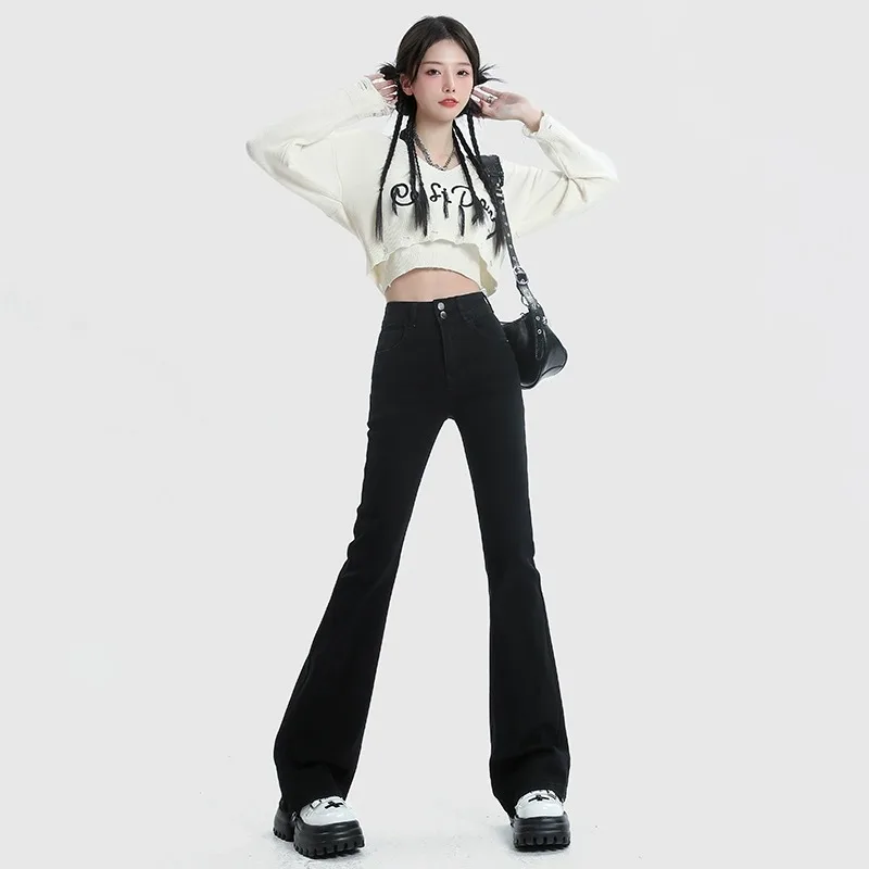 

Женские расклешенные джинсы с высокой талией и подкладкой, теплые длинные джинсовые брюки для похудения, зимняя одежда