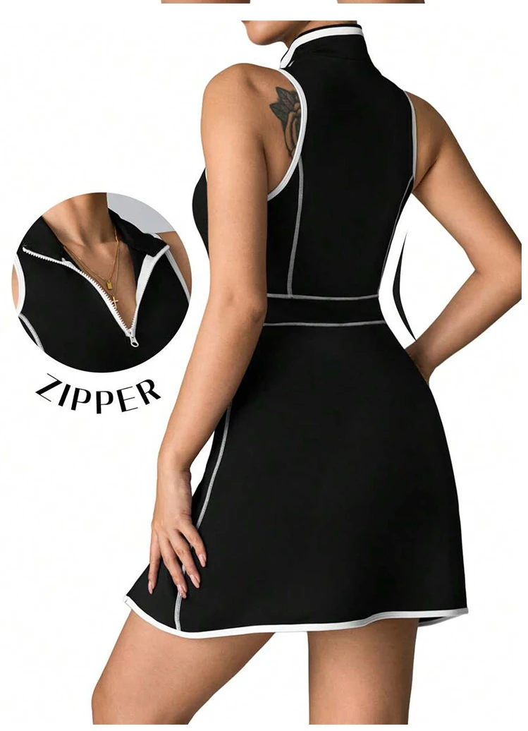 Women's Tennis Dress with Shorts Solid Color Gym Sports Dresses Zipper Stand Collar Yoga Casual Skirt Workout Athletic Skort