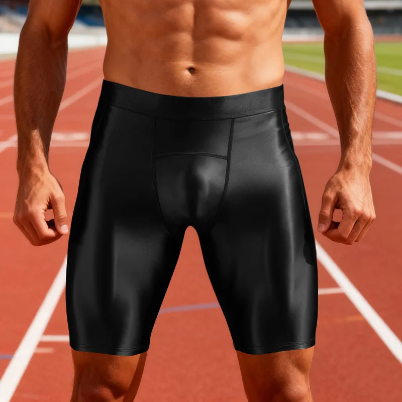 Men's glossy yoga pants casual high elasticity sports fitness suit Tight shorts for running, shiny smooth  swim trunks