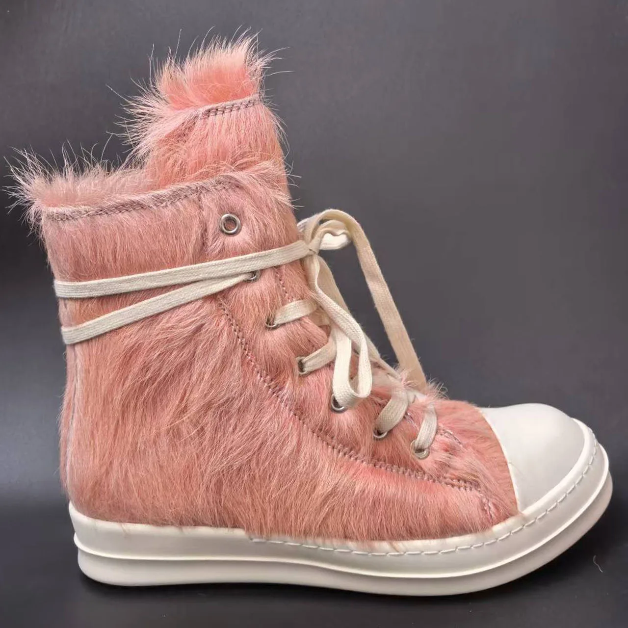 

Designer Horsehair Sneakers Women High Top Genuine Leather Thick Soled Zipper Short Boots Men Lace Up Round Toed Ankle Boots