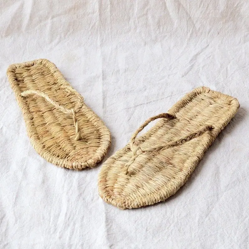 Men's Summer Handmade Weave Straw Flip Flops, Breathable Linen Slippers, Retro Non-slip Casual Beach Thong Sandals Plus Size