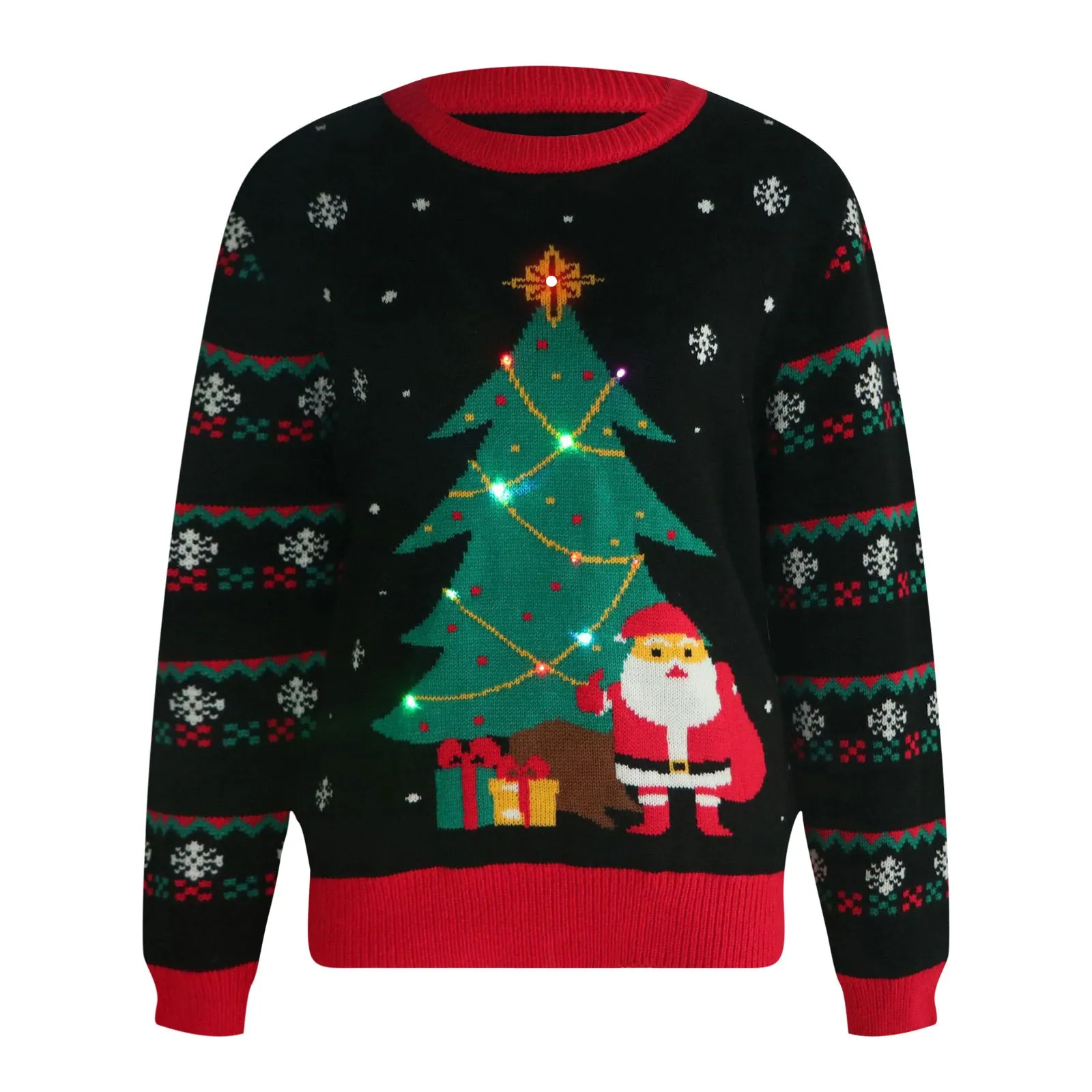 European Women\'s Round Neck Christmas Tree Jacquard Sweater Led Light Up Jumpers 2024 Autumn Winter Stylish Knitwear