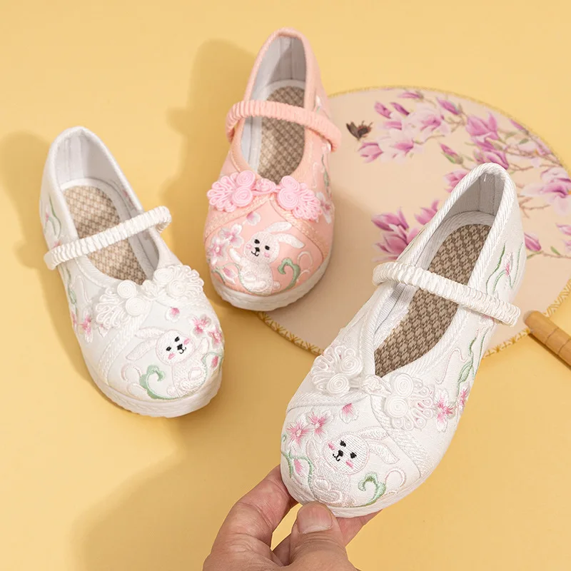 Kids Shoes Girls Shoes Flowers Rabbits Embroidered Cloth Shoes for Children Soft-soled Flat Princess Shoes Pink White