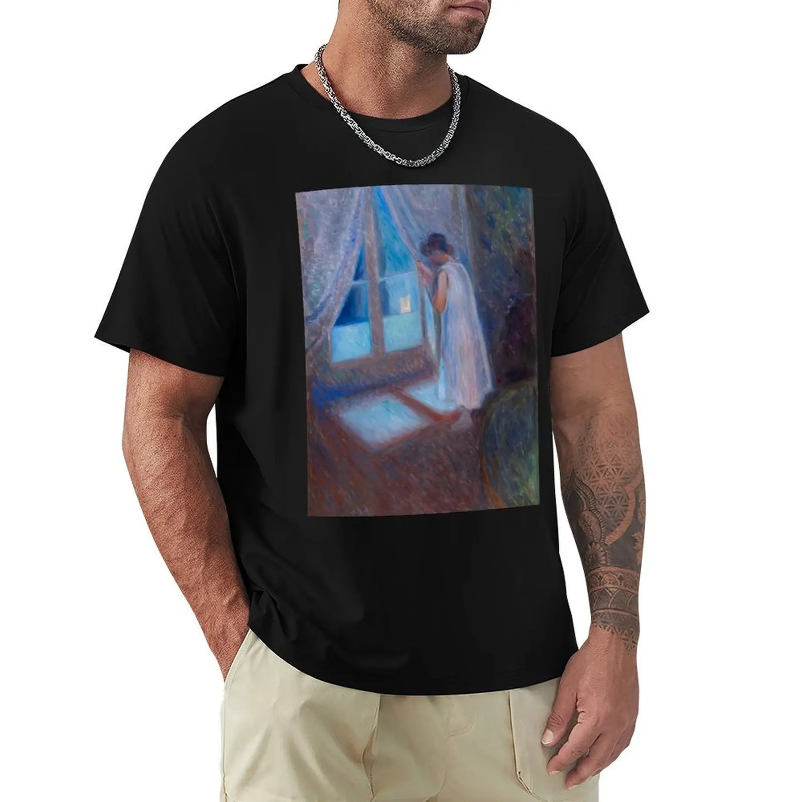 The Girl by the Window still life Paris portrait painting by Edvard Munch T-Shirt Casual Holiday Short Sleeve Tee