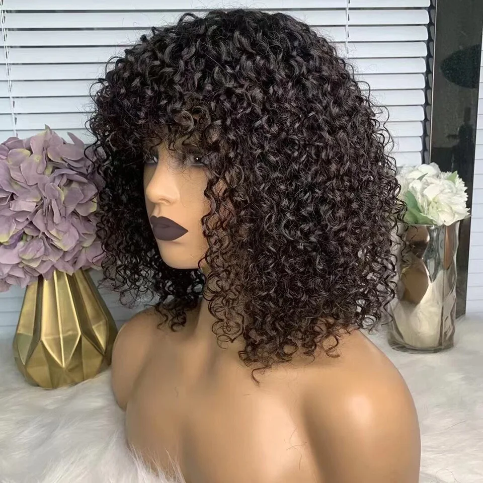 Wig Bob Keriting Jerry untuk Wanita Wig Rambut Manusia Potongan Pixie Pendek dengan Poni Rambut Remy Brasil Wig Buatan Mesin Penuh