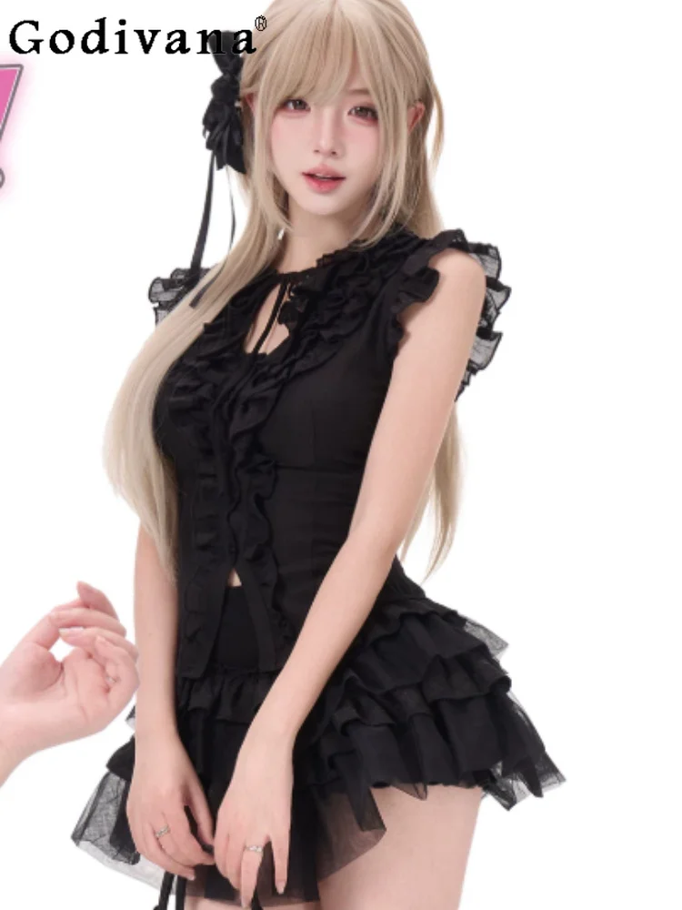 Summer New Sweet Cool Goth Dark Black Thin Short Sleeveless Ruffles Top Fashion High Waist Versatile Age Reduction Cake Skirt