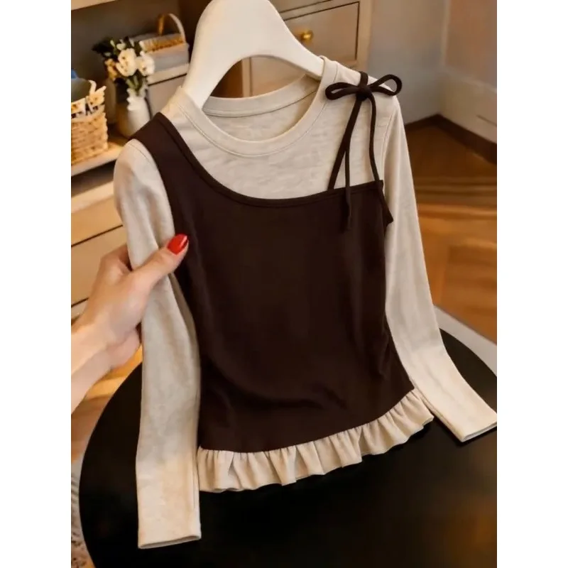 Women Korean Style Fake Two Piece Long Sleeve Tee Minimal Design Age Reducing Versatile Casual Elegant Top