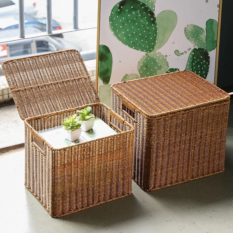 Large Storage Boxes with Cover, Cane Woven Laundry Basket, Breathable Clothes Storage Case, Natural Simple Organizer