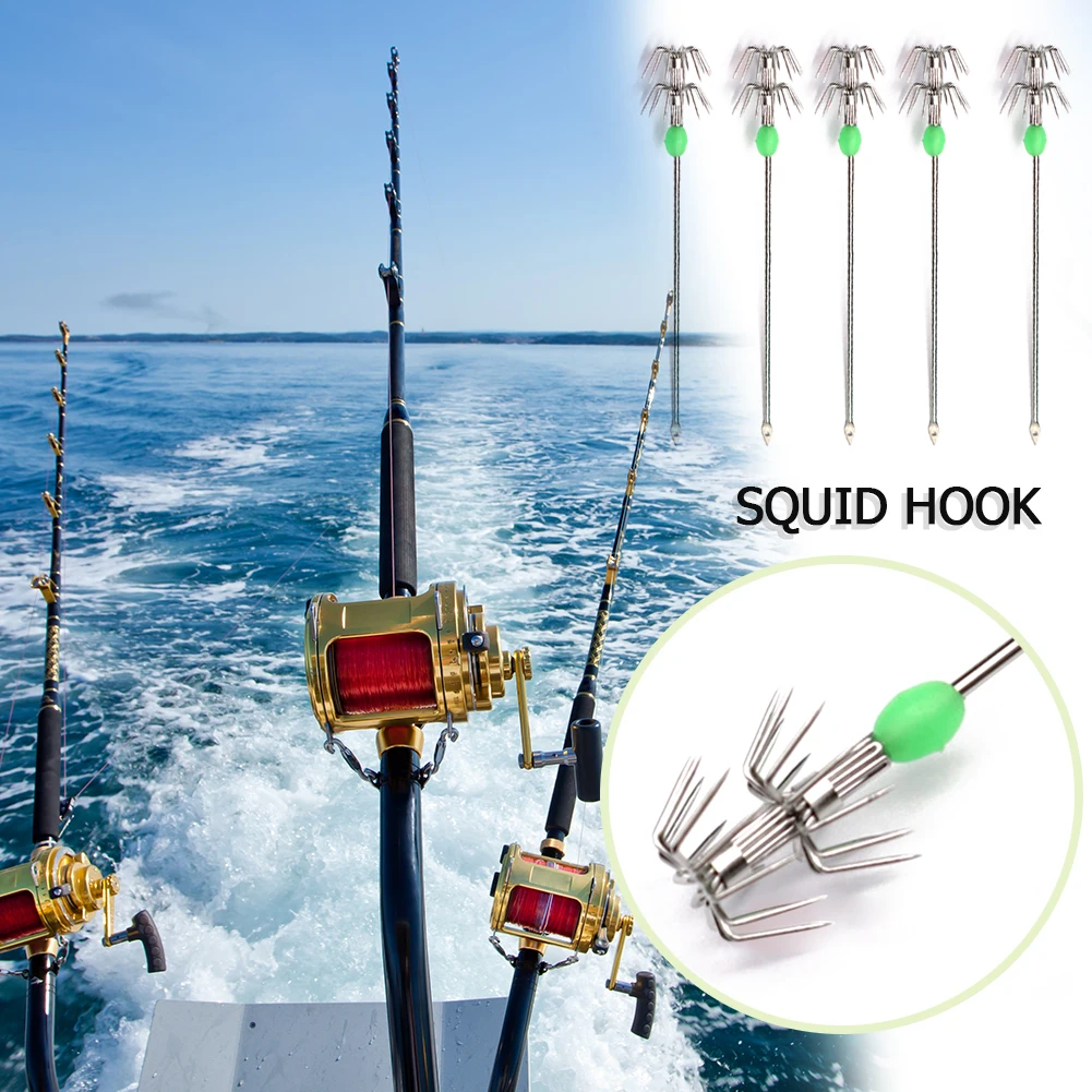 10pcs Double-Layer Umbrella Squid Hooks Stainless Steel Glow in Dark Fishhooks Octopus Cuttlefish Fishing Jig Hooks