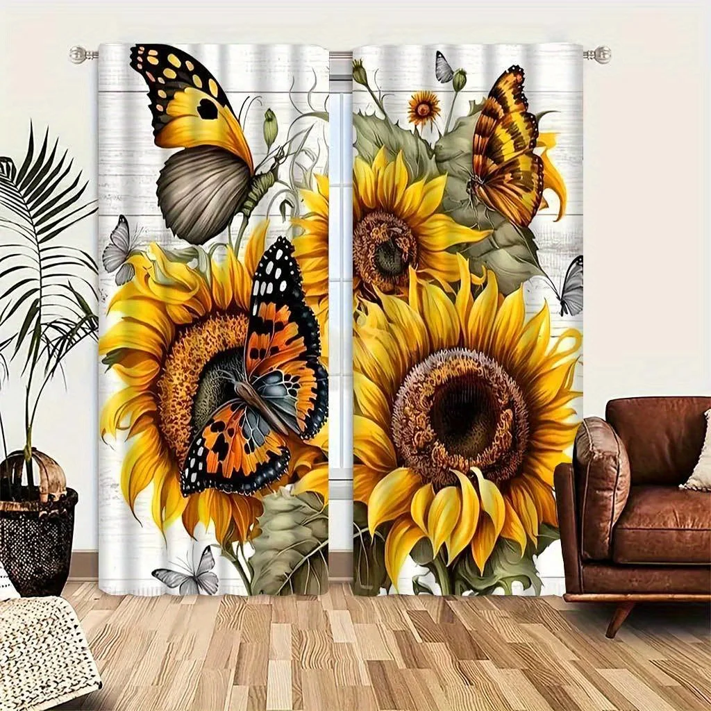 

Elegant Vintage Sunflower Butterfly Print Curtains for Living Room Boho Jacquard Polyester Doorway Curtains Easy to Hang Durable