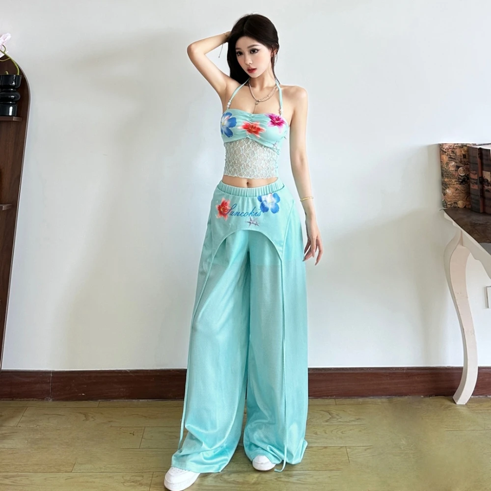 

SylCue комплект из 2 предметов с цветочным принтом, женские летние трендовые кружевные лоскутные топы на бретельках + длинные брюки с эластичной резинкой на талии, наряды в пляжном стиле