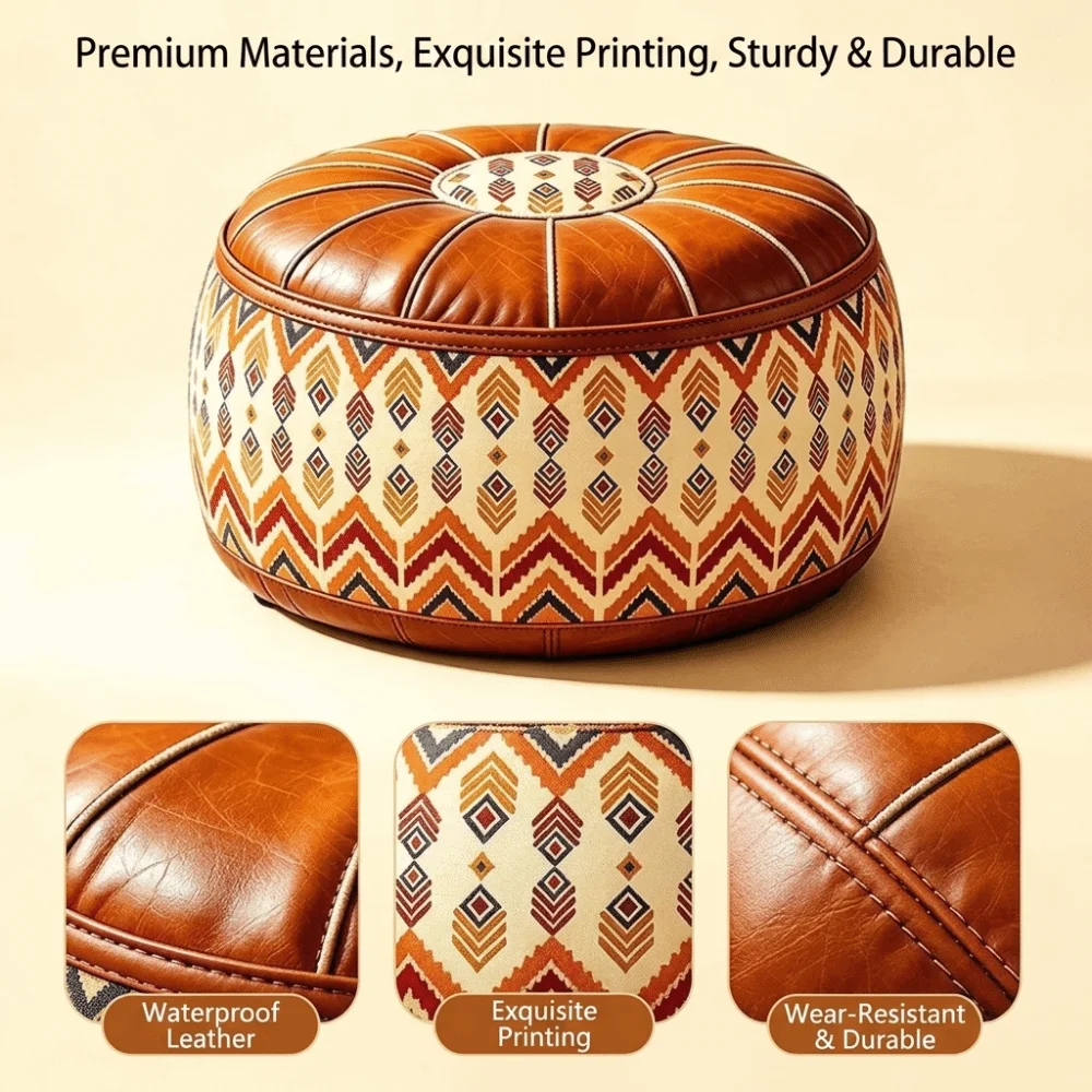 New PU Leather Fillable Ottoman Pouf Embroidered Pattern Round Shape Round Pouf Cover Moroccan Style Floor Seat Cushion Home Use