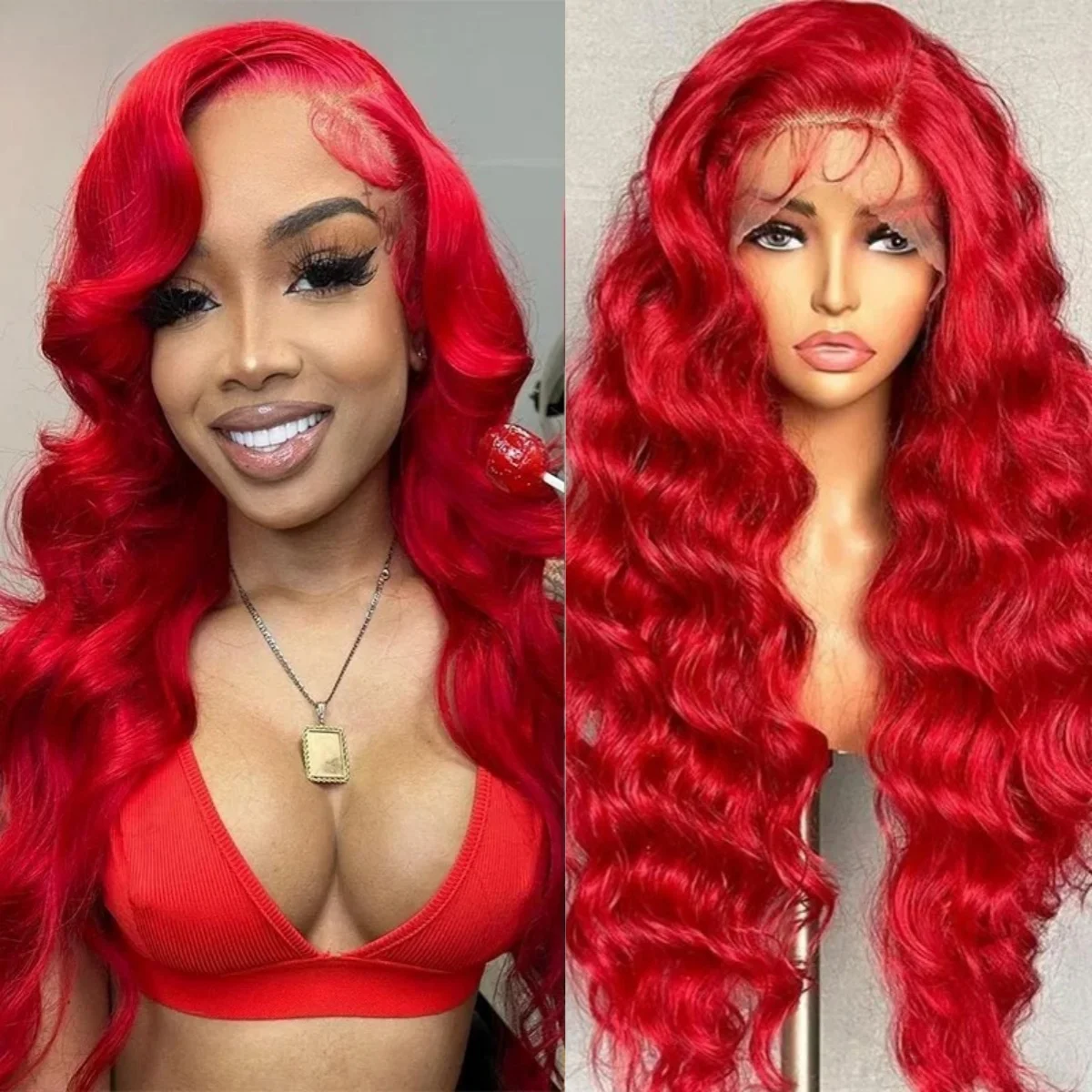 

Синтетический парик с кружевной передней частью 13x4 HD, ярко-красный, с эффектом волны, без клея, предварительно выщипанный, готовый к носке, для косплея и модных образов для женщин