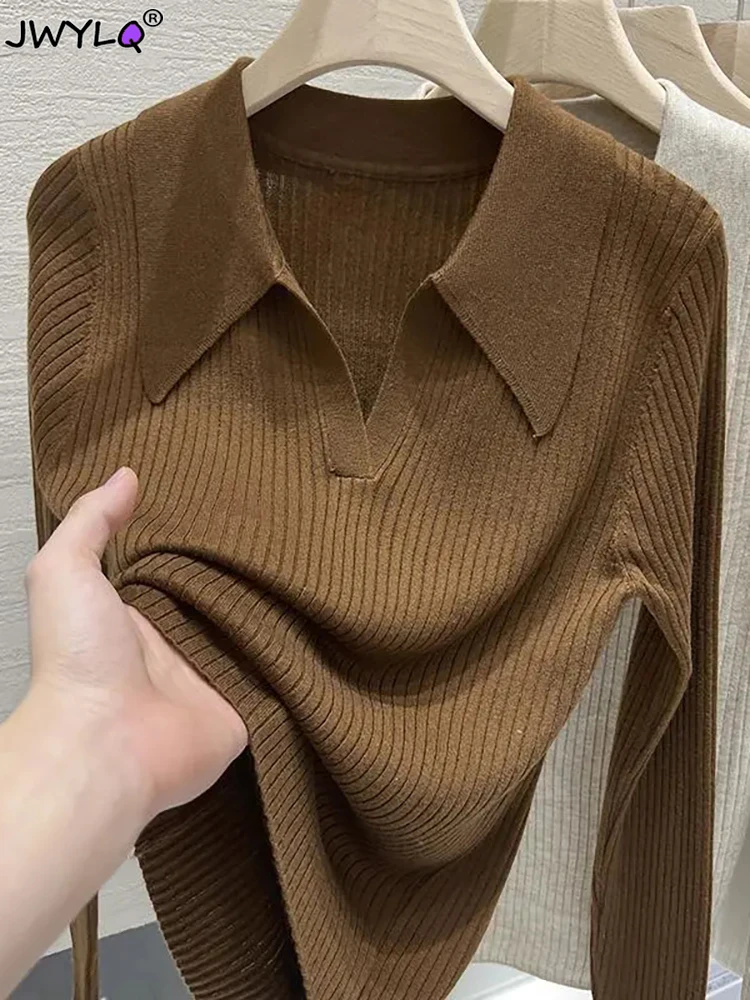Pull fin décontracté à col en V rabattu pour femmes, pull mince à manches longues, pulls basiques, tricots polo élégants, style coréen, nouveau