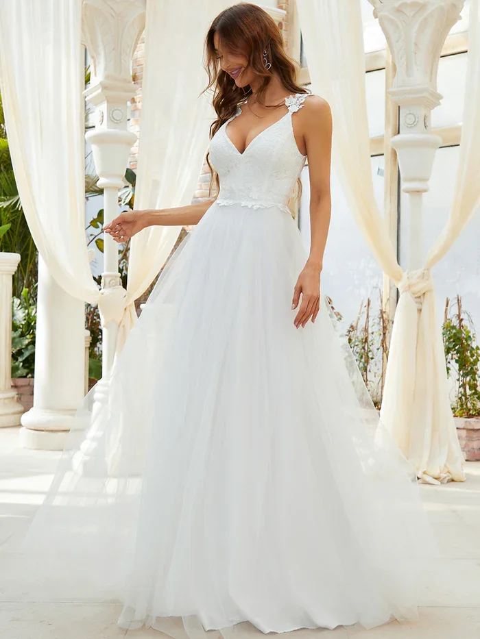 Ever-Pretty Wedding Dress for Wedding Long Woman A-Line Double V Neck Open Back Sleeveless Lace Chiffon
