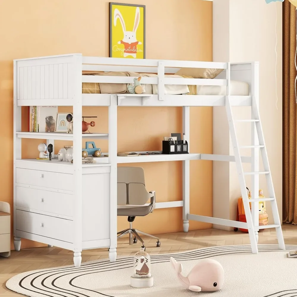 

Twin Size Loft Bed with Desk and Dresser, Wooden Bed with Storage Drawers and Shelves for Kids Teens,No Box Spring Needed,White