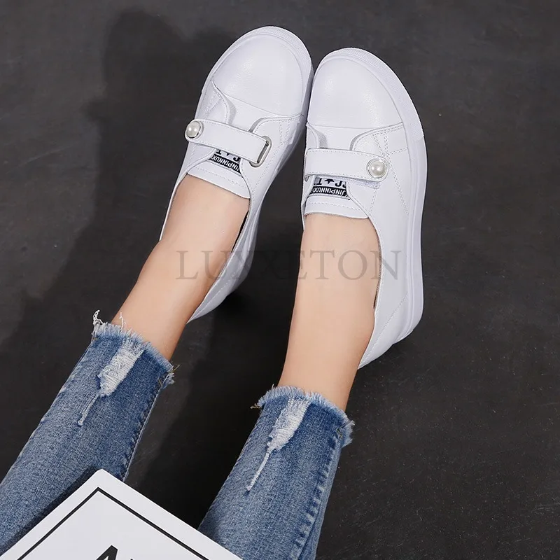 Soft Leather Shallow Mouth Raised Pearl Thick Sole Small White Shoes Casual Breathable Wear-resistant Women\'s Singles Shoes