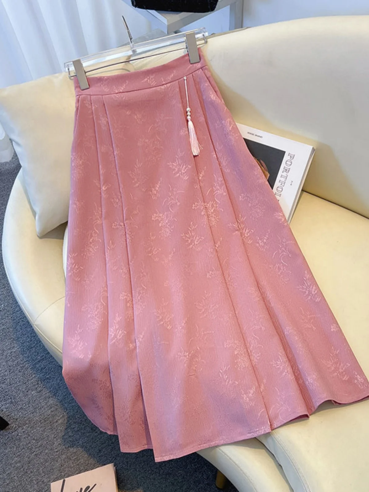 New Chinese Style National Trend Pink Half Skirt Women's A-Line Midi Skirt Spring 2026 New Elegance Flounce High Waist