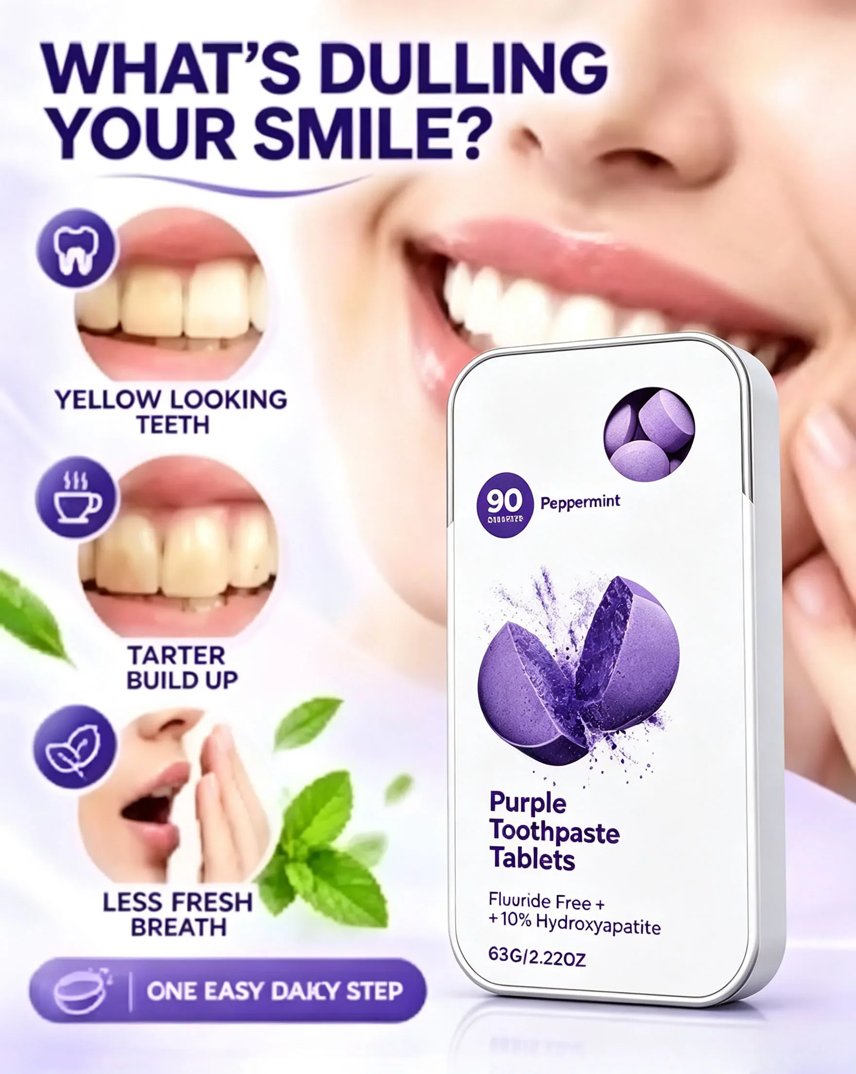 Free Purple Toothpaste Tablets with 10% Hydroxyapatite, Fresh Breath Chewable Tooth Tabs for Daily & Travel Oral Cleaning