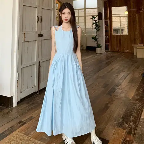 French Blue Strapless A- Line Dress Women Summer Fairy Waist-Cinching Gown Gentle Breeze Vacation Long Dress Polyester Fiber