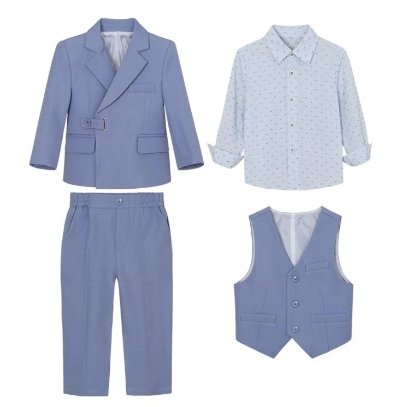

Костюм для свадебной вечеринки для мальчиков, весенне-осенний синий повседневный костюм для подростков, детский смокинг для выступлений на фортепиано, ужин, блейзер, комплект одежды