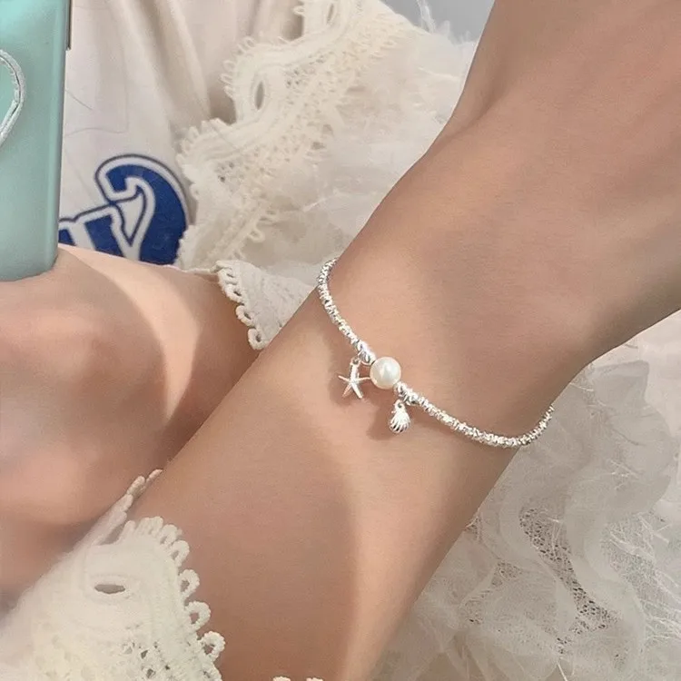 

Изысканный женский браслет из сломанного серебряного жемчуга в форме ракушки, дизайн с кисточкой в виде сладкой звезды, ручная работа