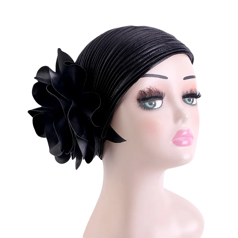 New Women Gold Silver Big Flower Turban Hijab Bonnet Muslim  Indian Hat Elastic Chemo Beanies Chemo Cap African Hat Headwear - view 3