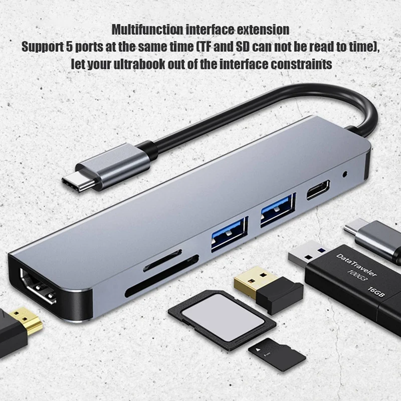 2x6 in 1 USB Typ C Hub Adapter mit 4k 30Hz kompatiblen Multi port Kartenleser USB 3,0 tf pd Video Multi Ports