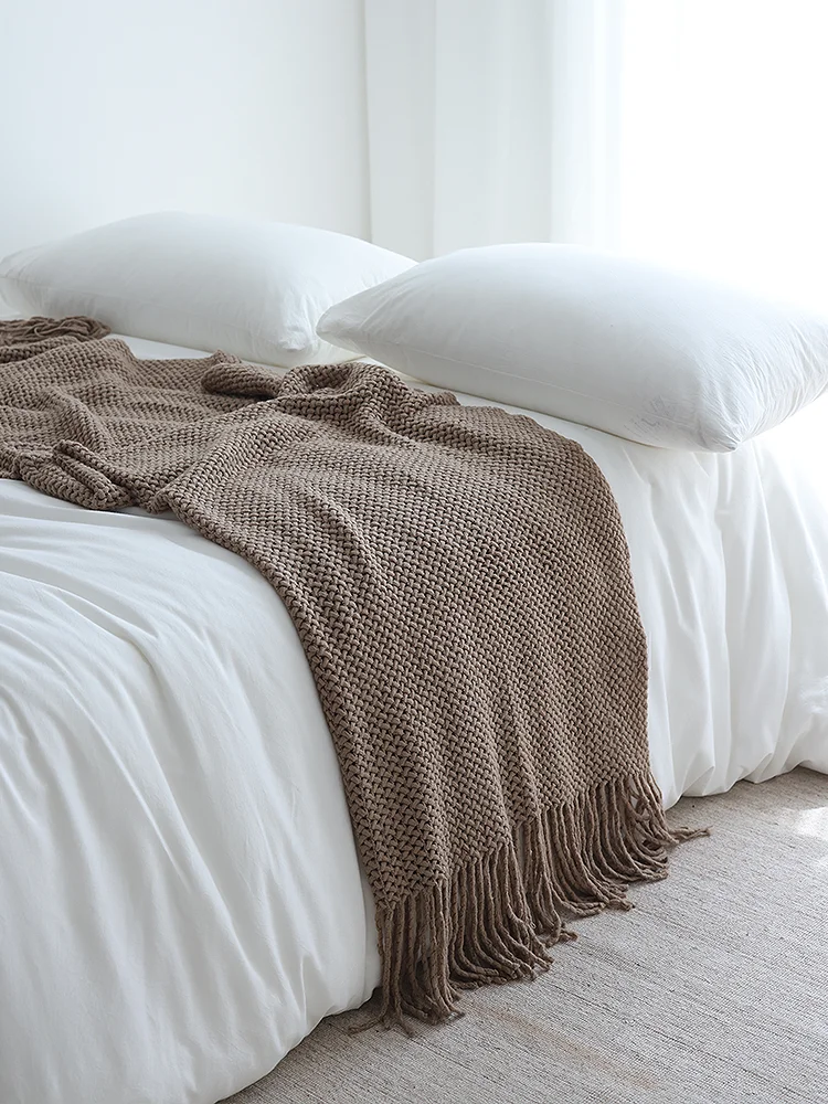 American Style Deep Turmeric Knitted Blanket Sample Room Homestay Towel Pure Color Yarn Blanket New Hollow Weave Knit Blanket