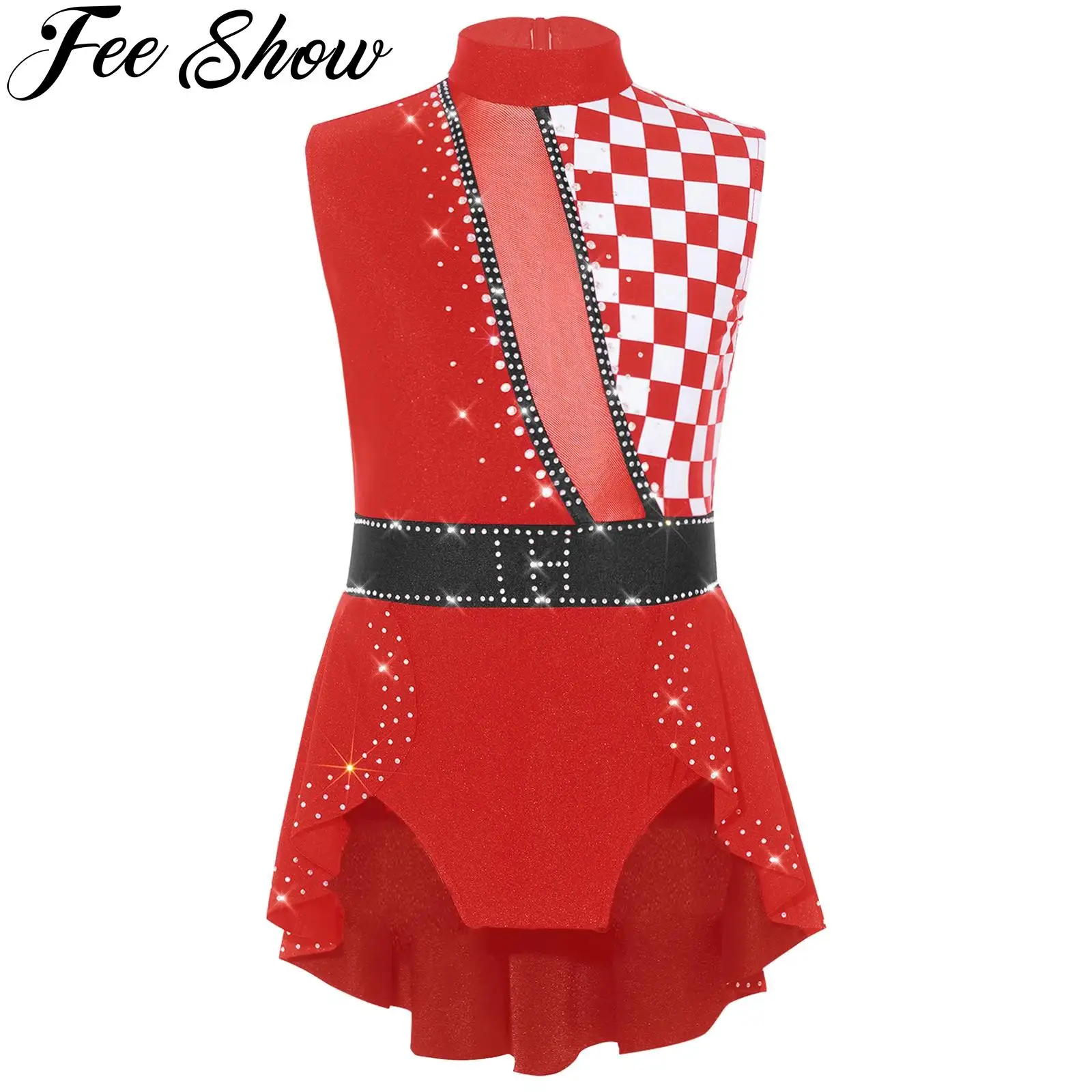 Girls Halloween Circus Clown Performance Costume Rhinestones Ballet Dance Gymnastics Leotard Sleeveless Plaid Overlay Bodysuit