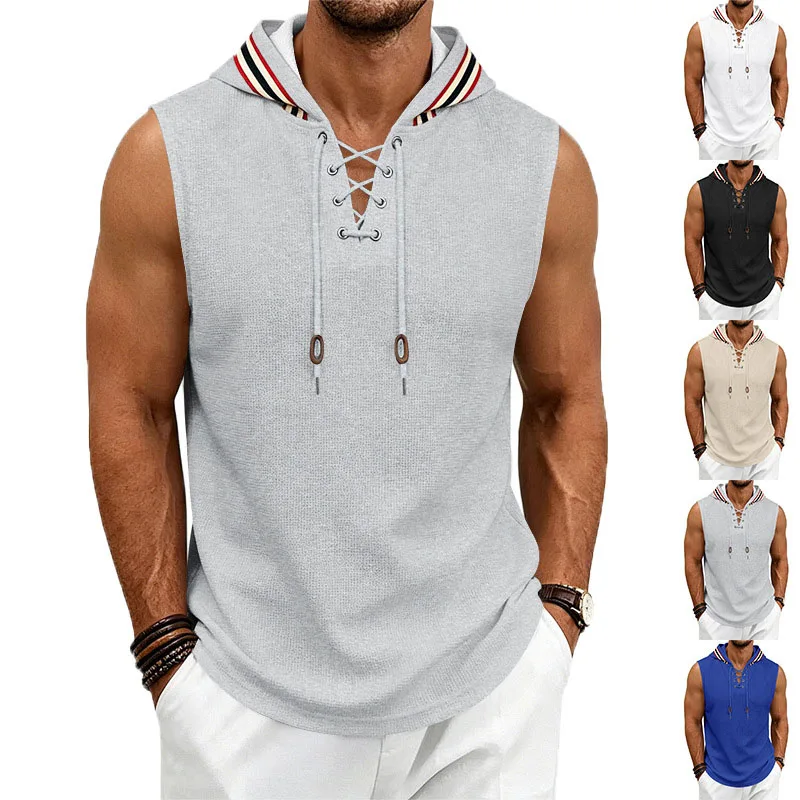 2026 New Men Lace Up Sleeveless Hoodie Striped Trim Hood Waffle Texture Breathable Bodybuilding Training Tank Tops sports vest