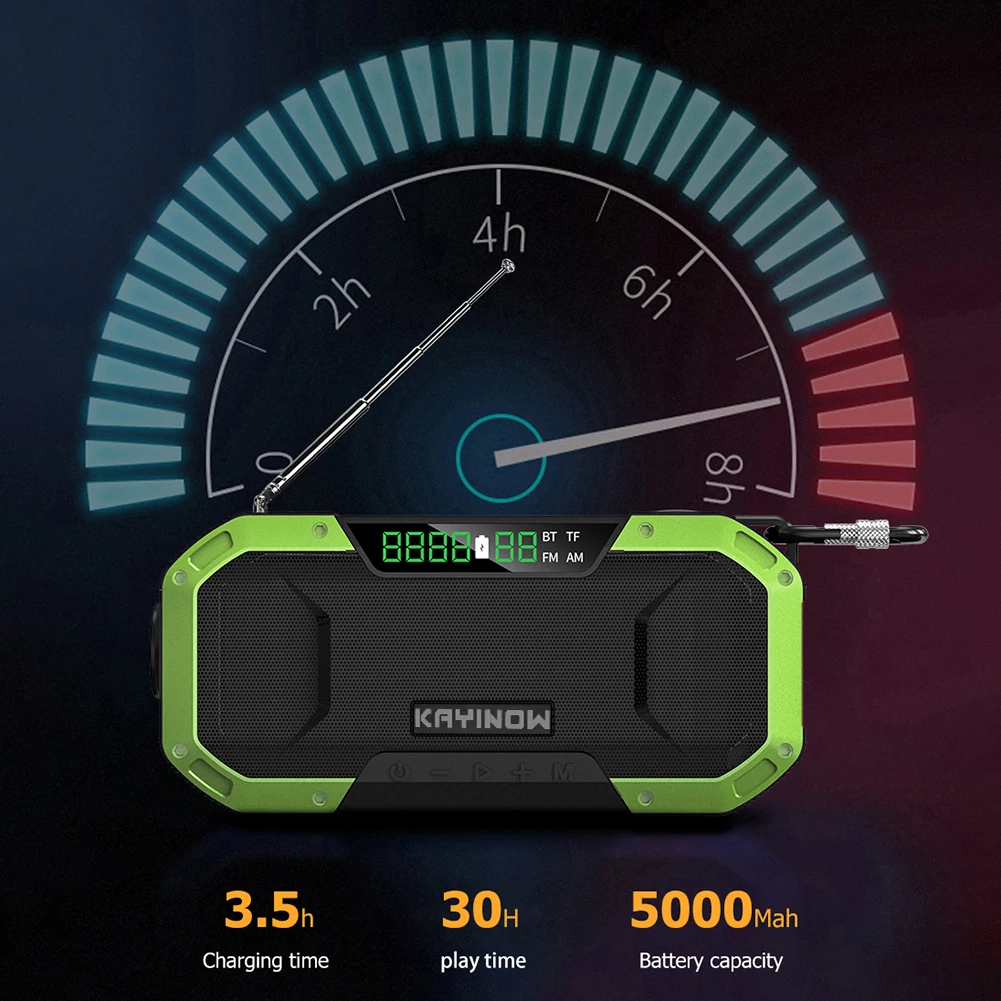 

Радиоприемник с ручным приводом и солнечной батареей, Bluetooth-совместимый динамик, аварийный светодиодный фонарик, внешний аккумулятор, многофункциональное аудиоустройство