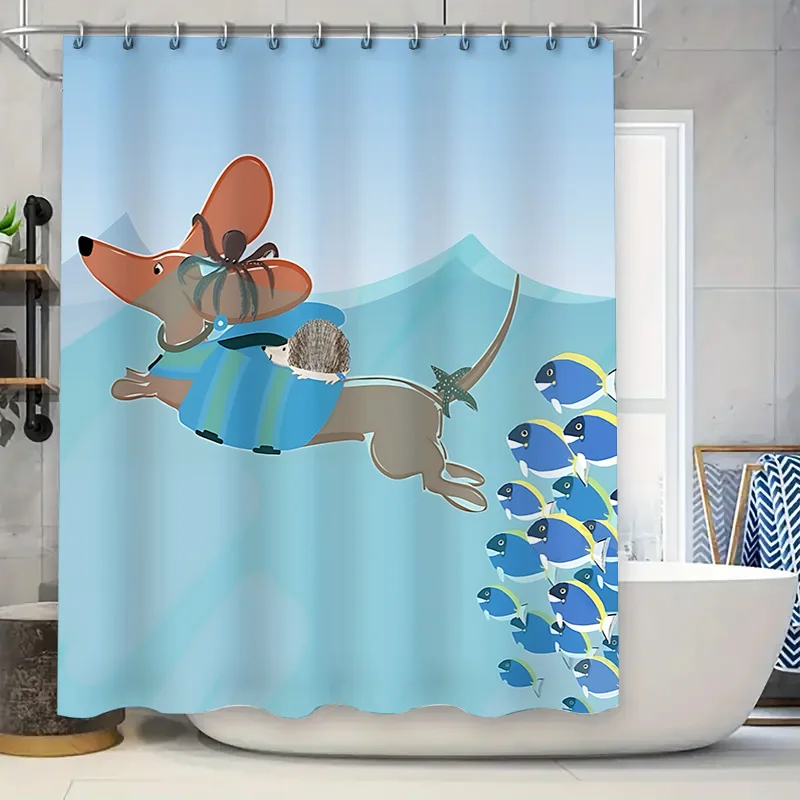 

Cartoon Dachshund Sea Adventure Shower Curtain Cute Dog with Spider Bathroom Decor Waterproof Polyester Curtain with Hooks