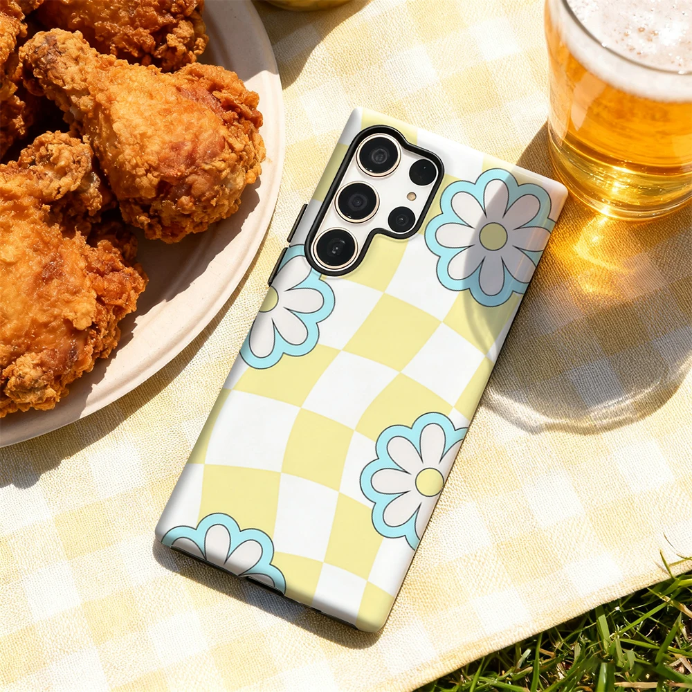 Coque de téléphone à fleurs bleues sur jaune, étui arrière brillant Double couche pour Samsung Galaxy S25 Ultra S24 S23 Ultra Plus