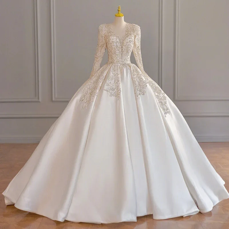Summer Bridal Sleeves Heavy Beaded V-Neck Satin Premium Textured Court Master French Wedding Dress