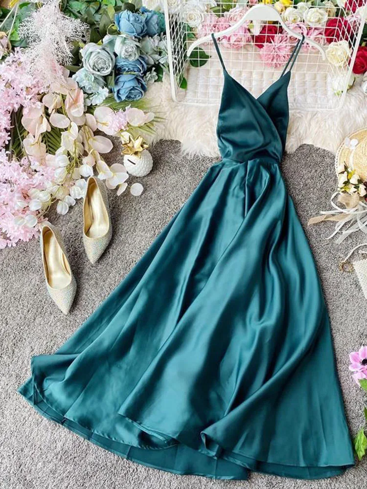 Jmprs High Waist Women Dress Summer Beach Holiday 2023 Slip Satin Long Dress Backless Belted Elegant Ladies A Line Vestidos