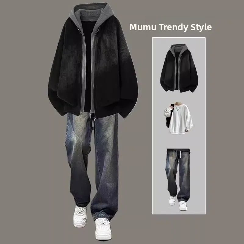 

Men's Tee-Piece Set Loose Thiened Hooded Open Cardigan Knitted Sweater Long Sve Autumn Casual Sportswear Youth Faion