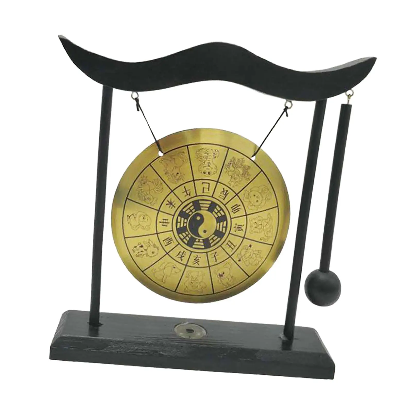 Mini Chinese Gong Brass Wind Chime Style Bell with Wooden Stand Desktop Percussion Art for Home Office Calm Ambience
